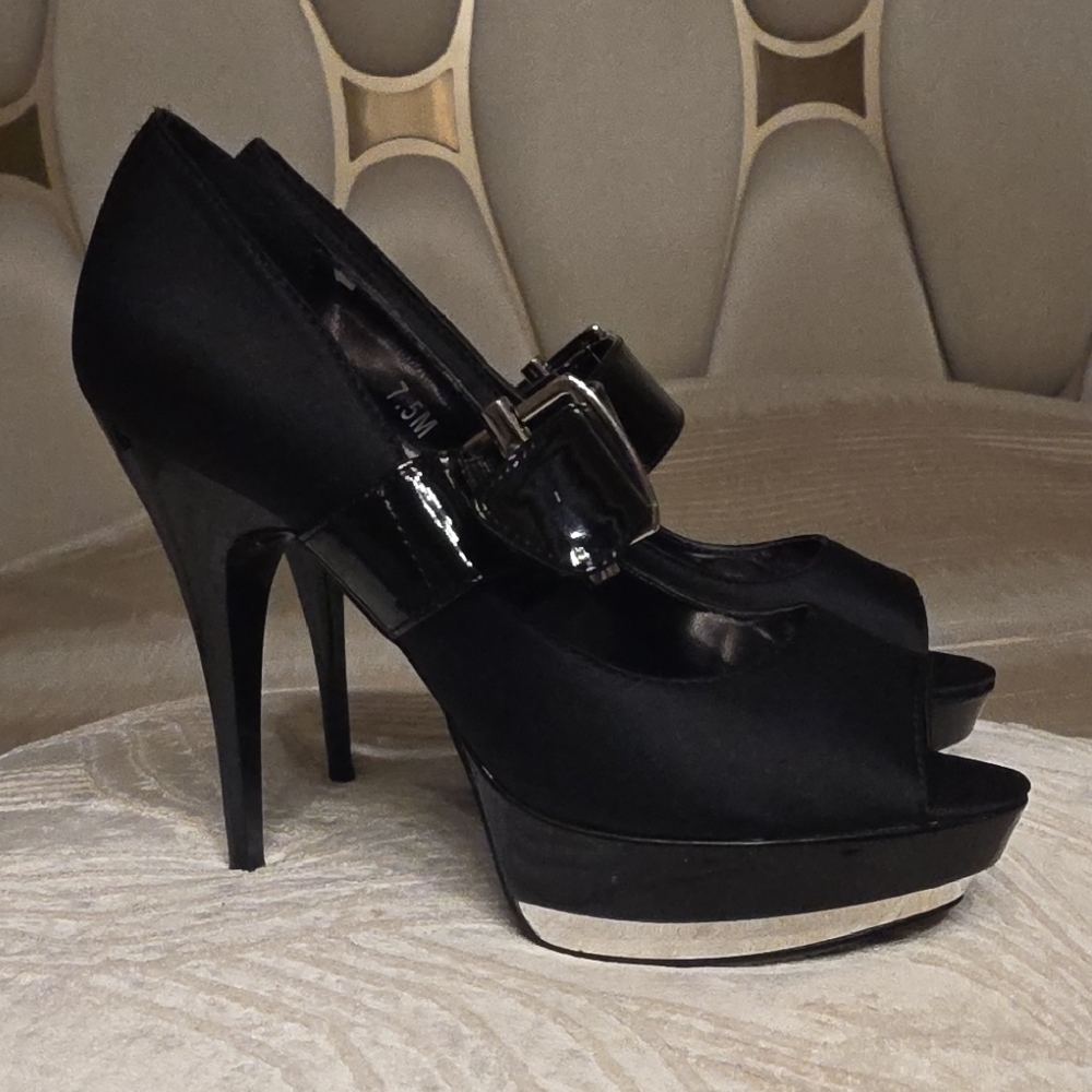 Bakers Satin and Glossy Black Peep-Toe Heels 5 Inches Heel